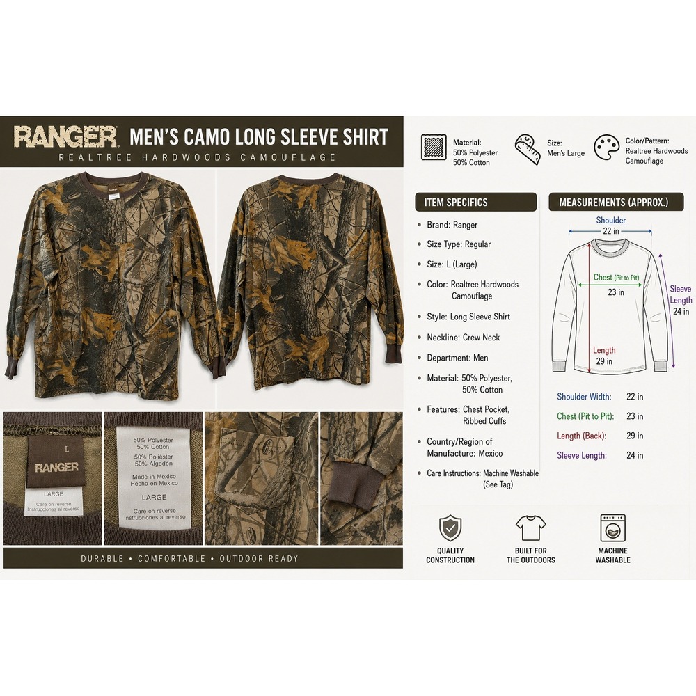 Ranger Mens Realtree Hardwoods Camo Long Sleeve Pocket T-Shirt Large Brown Green